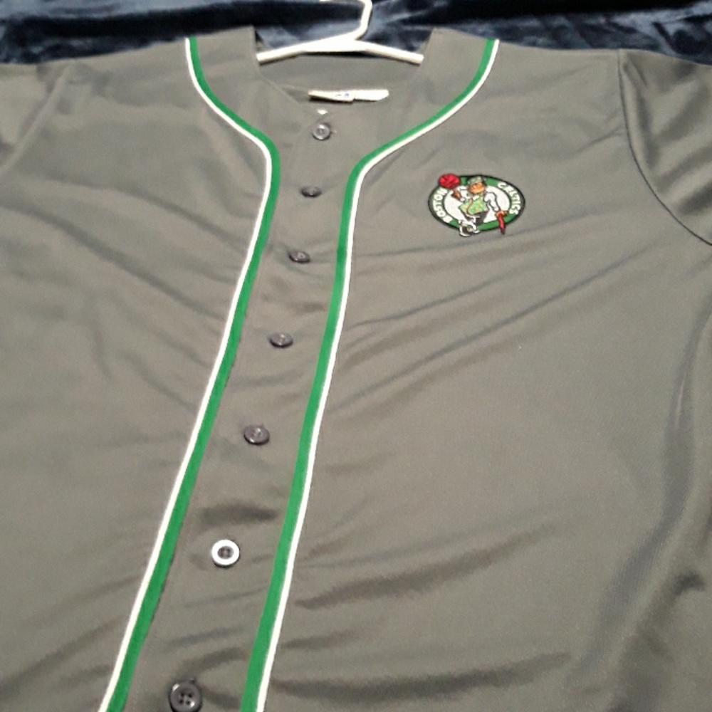 Gray and green and white celtics game jersey